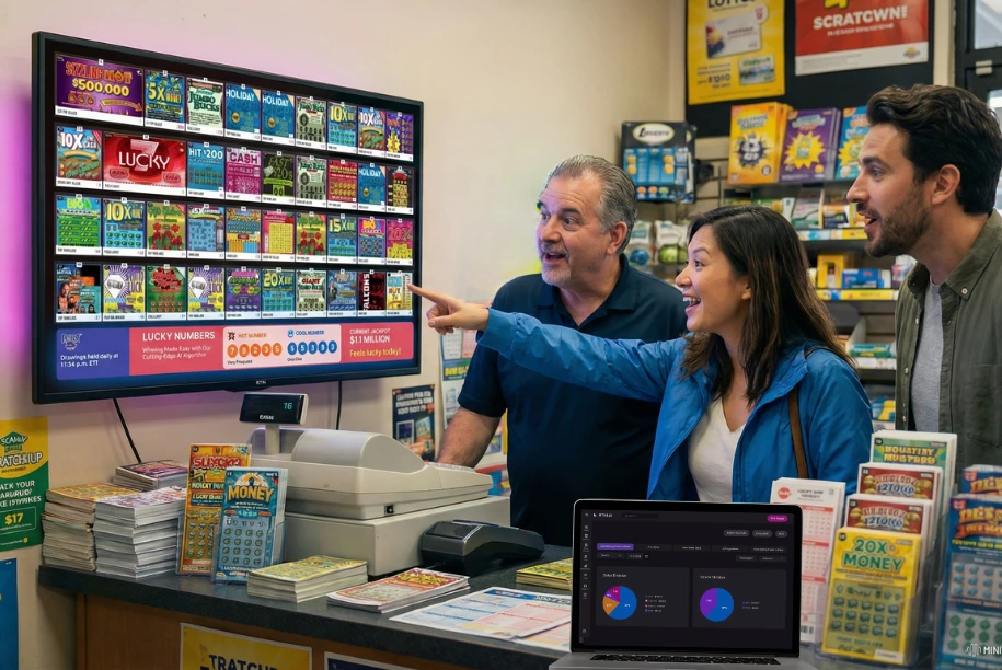 Angled view of digital lottery display showing real-time tickets in a US c-store.