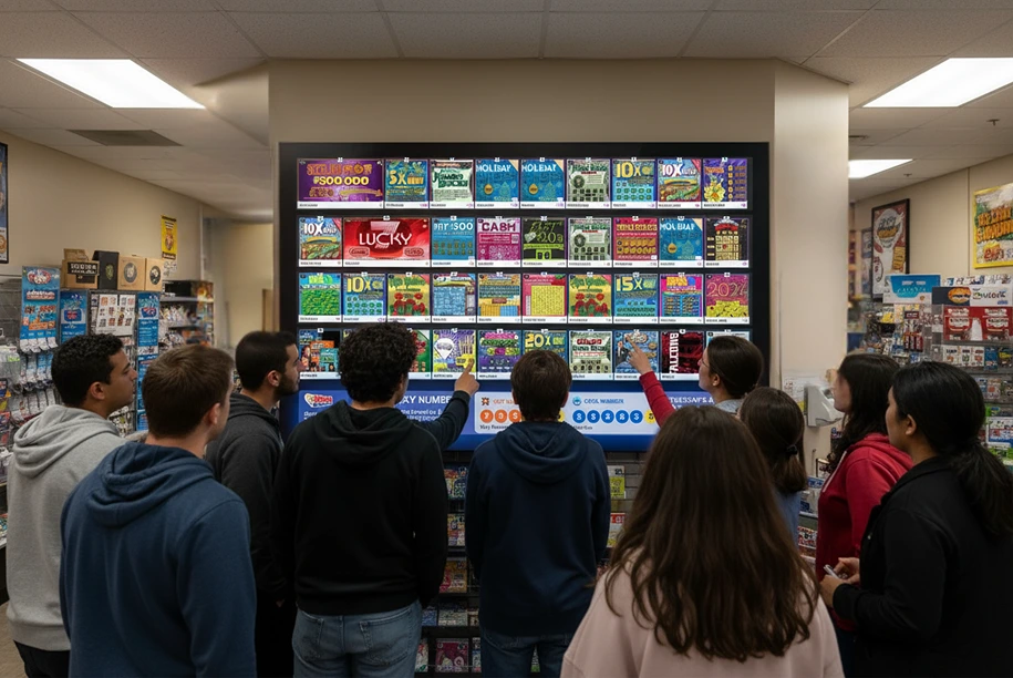 Close-up of lottery display screen showing scratch-off tickets and draw results.