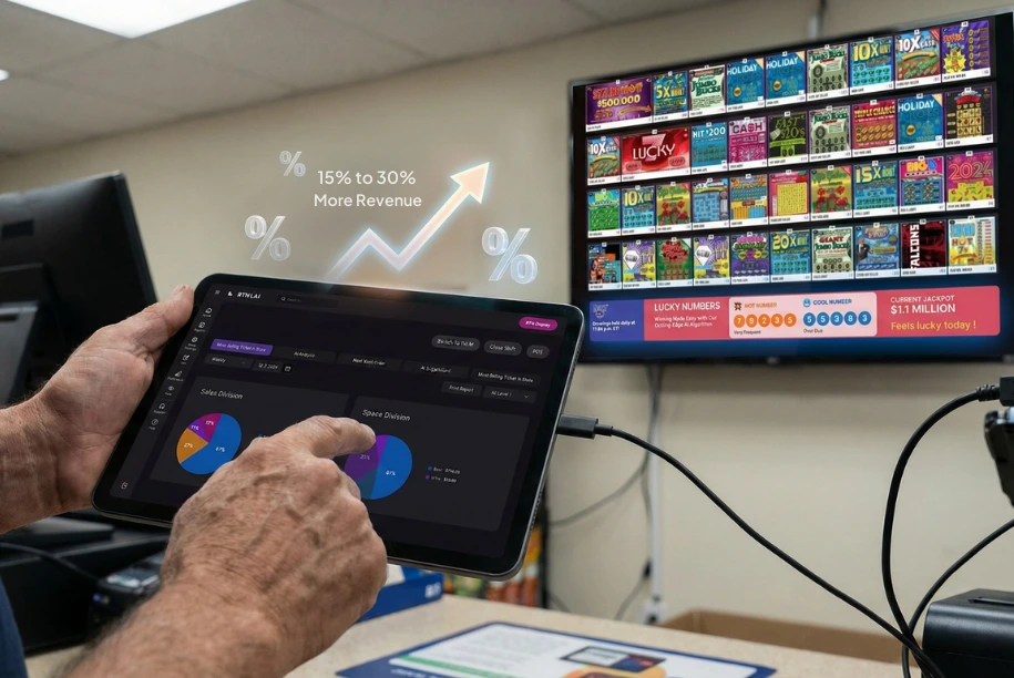 Lottery display screen with scratch-off grid and hot/cold numbers in a US c-store.