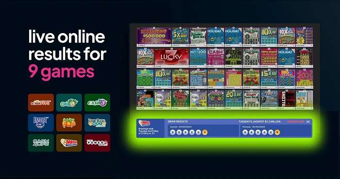 Real-time digital lottery display listing active US lottery games and results.