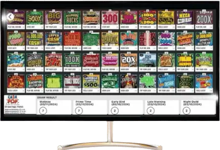 TV setup running a digital lottery display showing full scratch-off selections in a US c-store